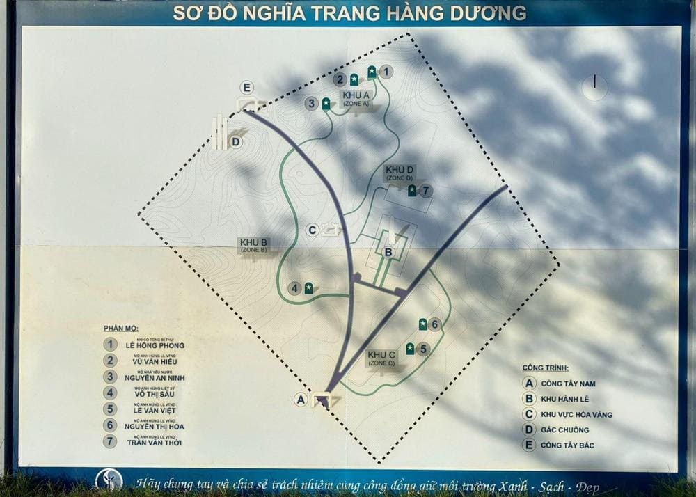 Sơ đồ nghĩa trang H&agrave;ng Dương - Mộ của c&ocirc; V&otilde; Thị S&aacute;u tọa lạc tại khu B (Nguồn: Internet)